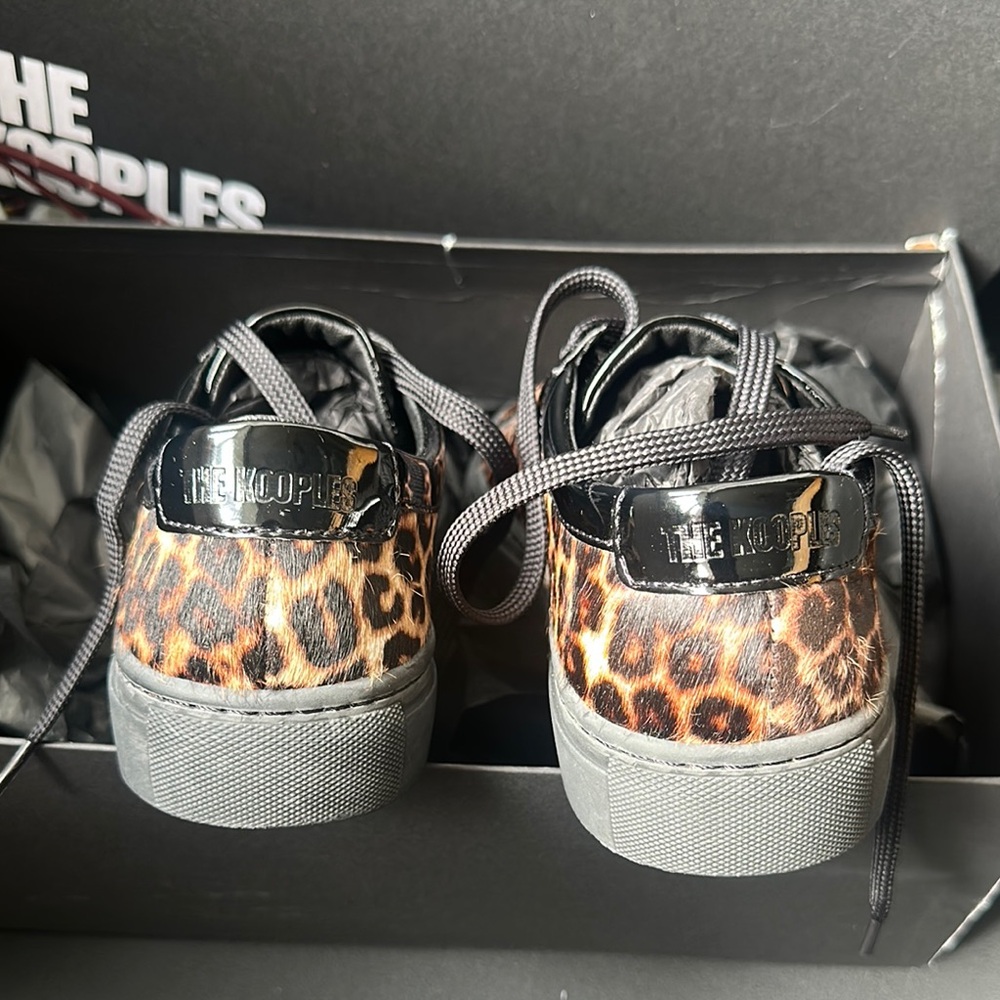 The Kooples Leo Poulain Leather Black& Brown Sneaker Leopard Print Calf Hair NWT - Picture 5 of 8
